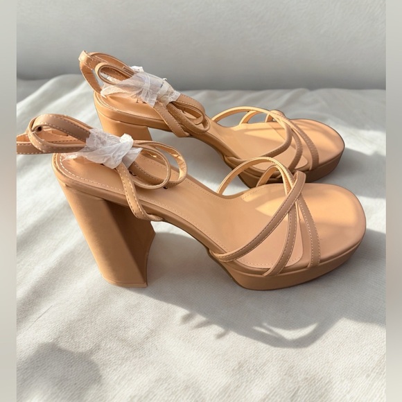 NEW Abbleet Women’s STRAPPY Block Chunky High Heels Open Toe Sandals Tan Size 10 - Picture 3 of 14